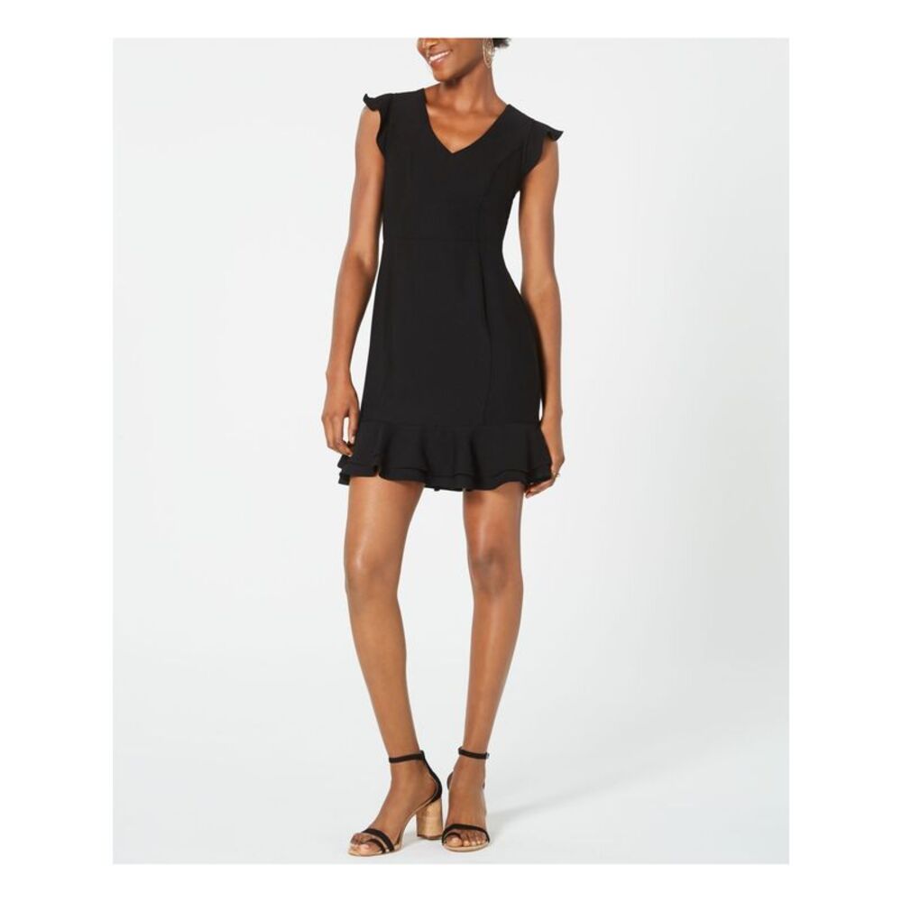 19 COOPER Womens Ruffled Zippered Cap Sleeve V Neck Short Cocktail Sheath Dress
